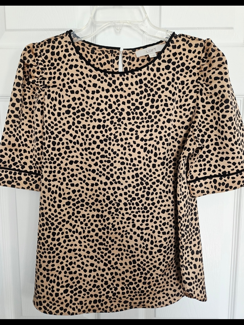 LOFT Tan and Black Leopard Print Short Sleeve Blouse
